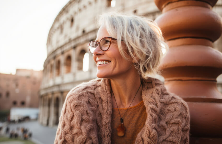 Woman posing in front of the Rome Colosseum